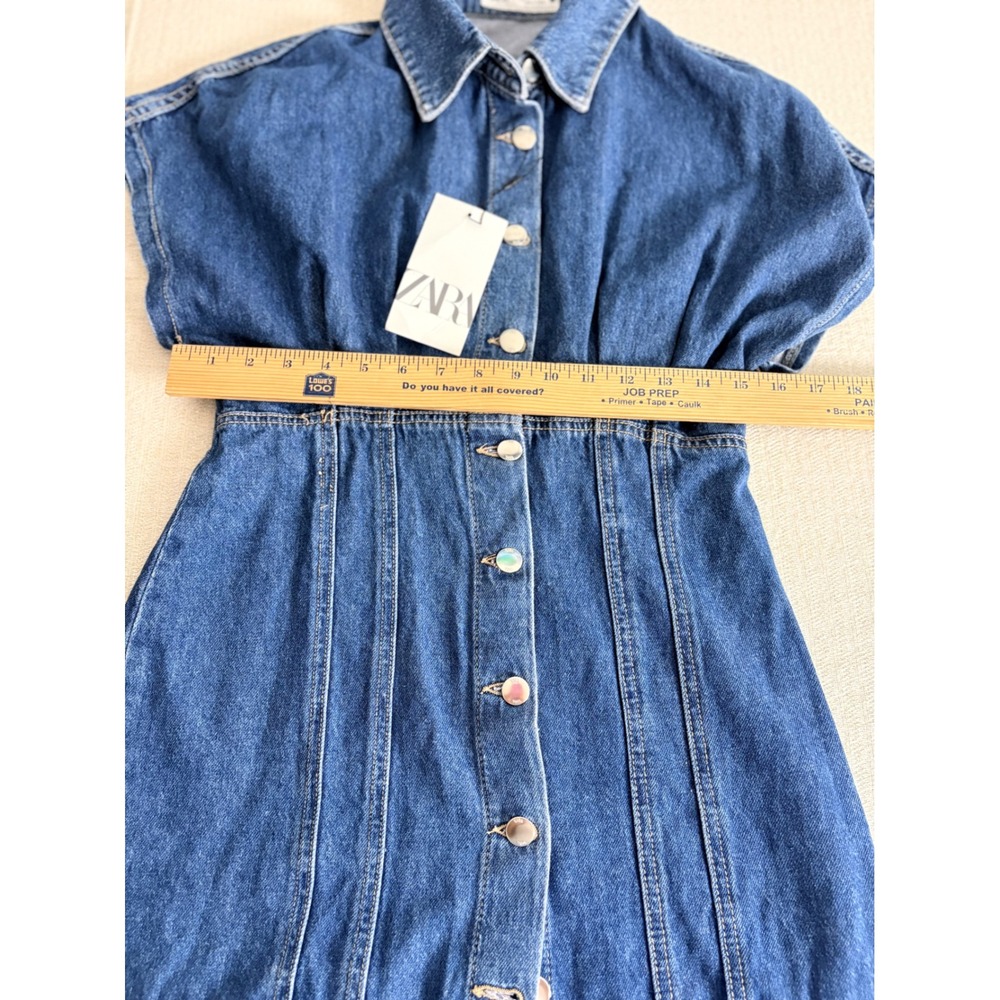 Zara Denim Mini Dress Large‎ Blue NEW Button Down Cap Sleeve Tailored Structured - Picture 6 of 8